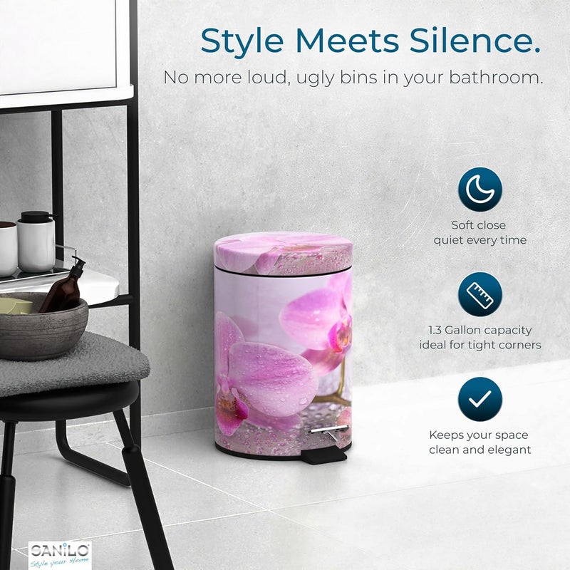 Sanilo Small Bathroom Trash Can with Lid [1.3 Gallon] - Lidded Tiny Trashcan for Garbage - Mini Metal Bin with Soft Closing Mechanism - Bath Room Accessoire Wastebin with Inner Bucket (Blooming) - Image 3